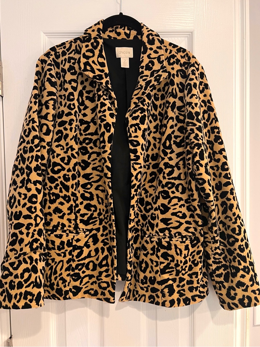 Chico's Leopard Print Blazer Jacket Tan Black Cheetah Animal L Statement Women’s